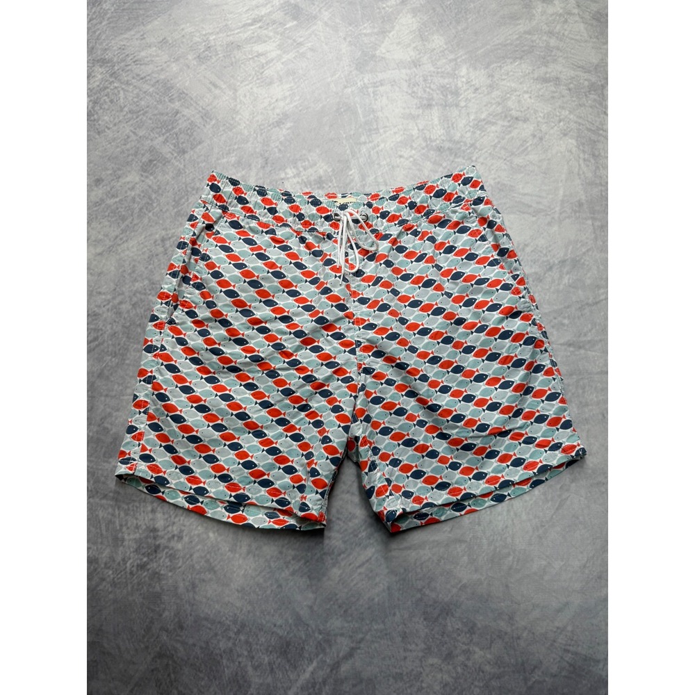 J Crew Mens Fish Print Swim Trunks mens sz S Red White Blue vacation beach